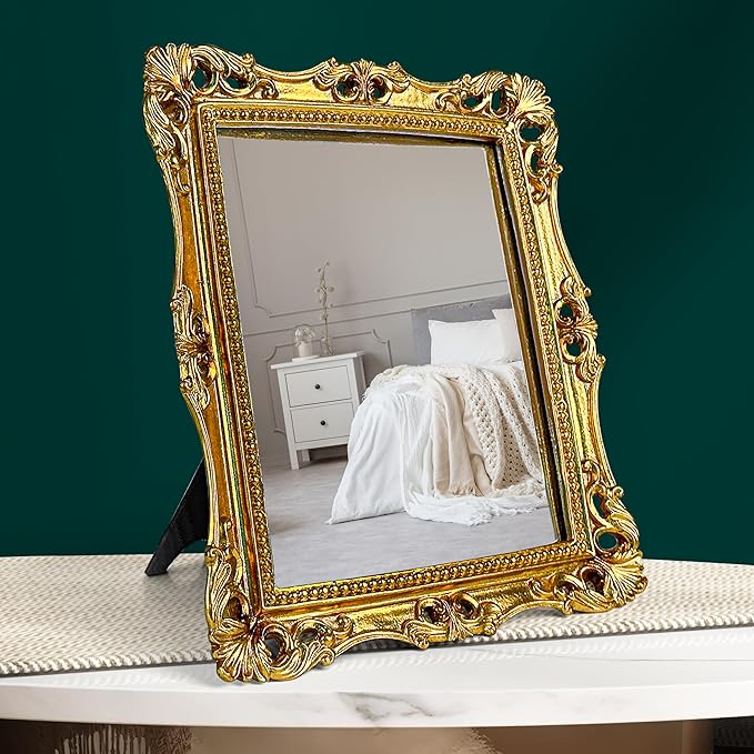 97 Decor Antique Gold Wall Mirror Vintage Decor - Square Gold Decorative Mirror for Table Top and Wall Mounting, Vintage Mirrors Frame for Home, Bedroom, Makeup Room (11x9.5 Inch)