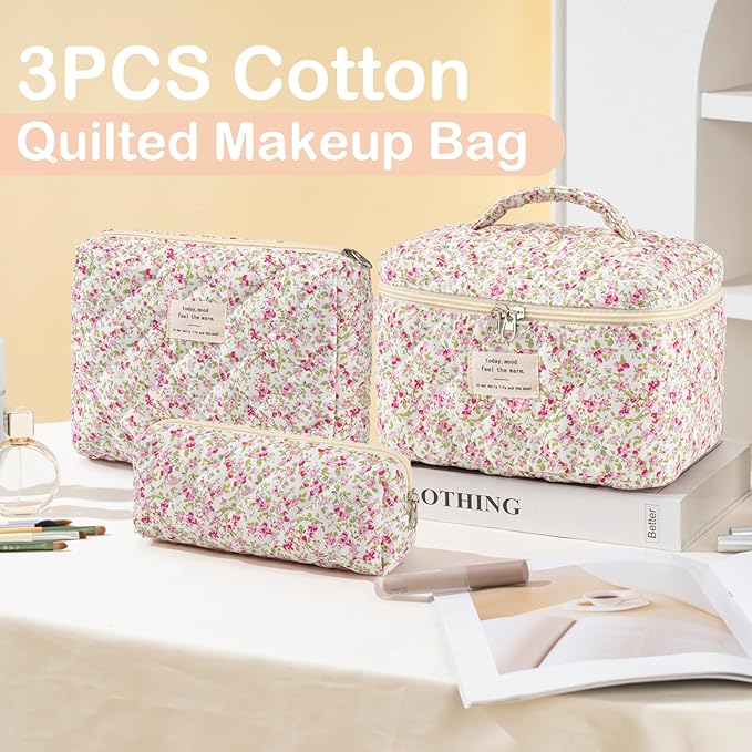 Makeup Bag for Women 3PCS Quilted Cotton Make Up Bag Travel Cosmetic Bag Large Makeup Bag Set Cute Makeups Organizer Floral Toiletry Pouch for Purse, Spring Meadow