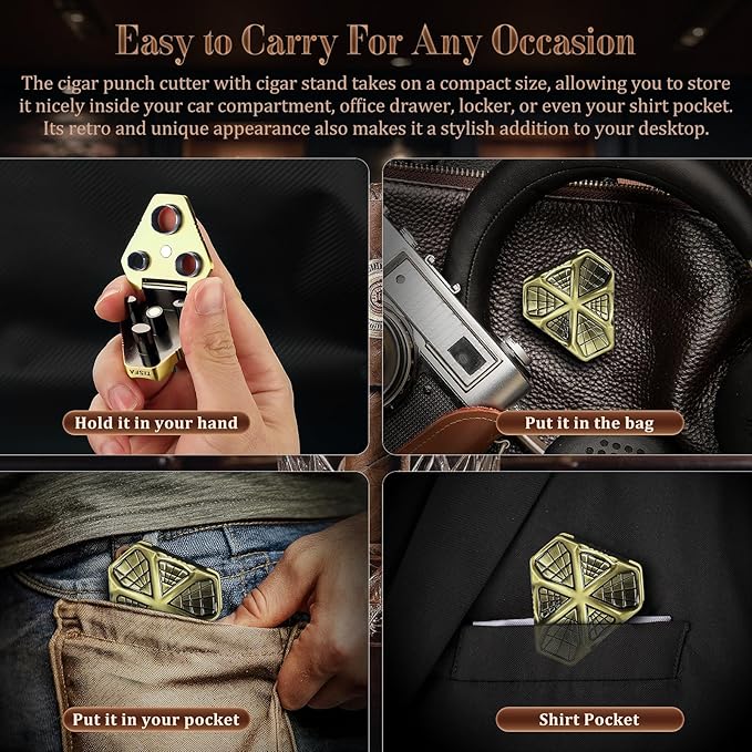 TISFA Cigar Punch Tool, Cigar Punch Cutter with Cigar Holder 2 in 1, Foldable 3 Sizes Cigar Hole Punch and 3 Cigar Stand Cigar Kit, Multifunctional Stainless Steel Puncher with Gift Box (Bronze)