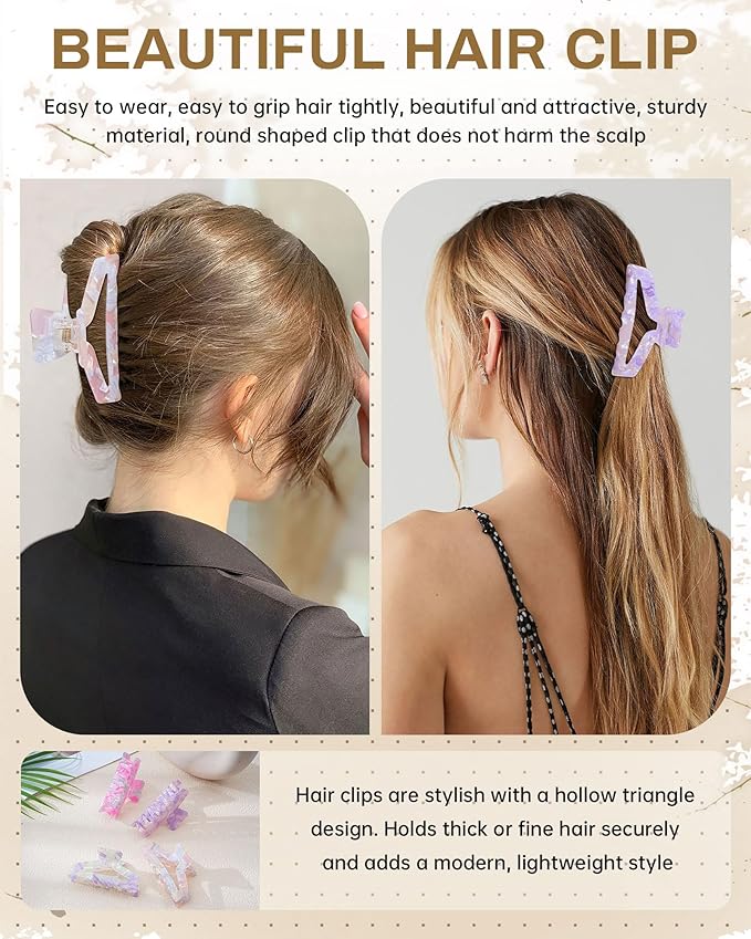 HOKEMP 4 Pcs Hair Claw Clips for Women - Medium Claw Clip Non-Slip Acrylic Hairclips for Thick Thin Hair, Triangle Hollow Design (Color 5)