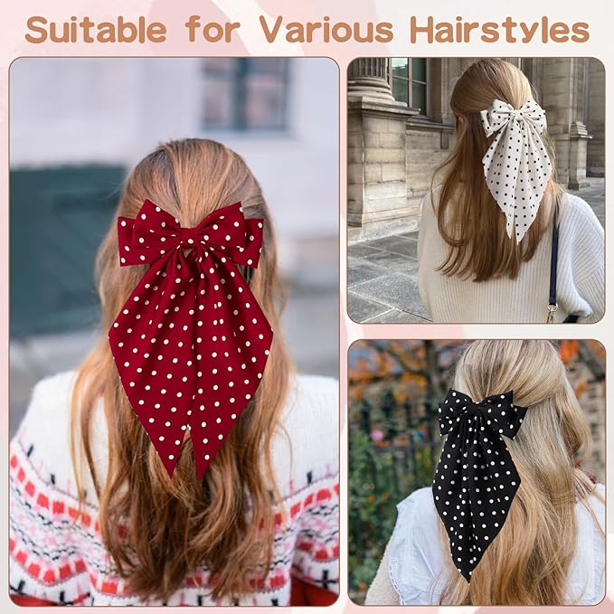 3 PCS Hair Bows for Women, Big Bow Hair Clips for Girls, Silky Satin Hair Bows Clips Oversized Long Tail, Large Hair Barrettes Cute Aesthetic Hair Accessories, Metal Bow Hair Clips Polka Dot