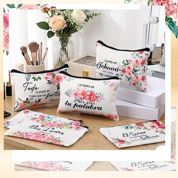 Pinkunn 16 Pcs Valentines Canvas Makeup Bags Bulk Inspirational Christian Women Religious Galentine Gifts Inspirational Bible Verse Pencil Pouch Makeup Bags with Zipper for Travel(Spanish Floral)