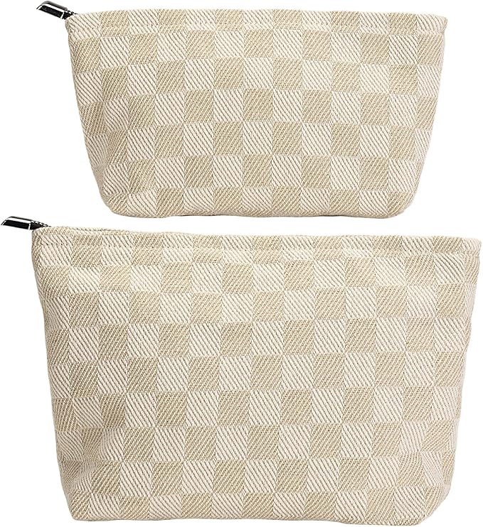 2-Pack Beige Checkered Makeup Bag Set - Large Capacity Cosmetic Organizer Pouch | Travel Toiletry Bag for Women Girls