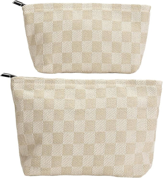2-Pack Beige Checkered Makeup Bag Set - Large Capacity Cosmetic Organizer Pouch | Travel Toiletry Bag for Women Girls