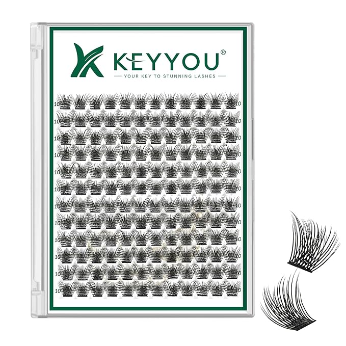 KEYYOU Lash Clusters 144pcs Individual D Curl 10mm Air Touch Cluster Lashes Super Lightweight Soft Wispy Comfortable Easy DIY at Home