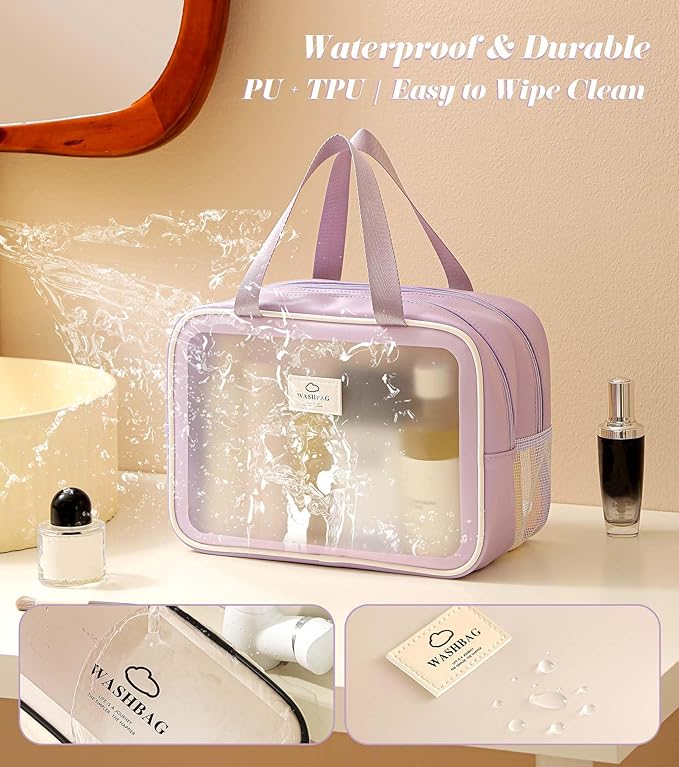 Large Travel Toiletry Bag with Dry Wet Separation– Waterproof Wash Bag for Women, Clear & Matte shower bag for Gym, Overnight, Swimming, and Business Trips