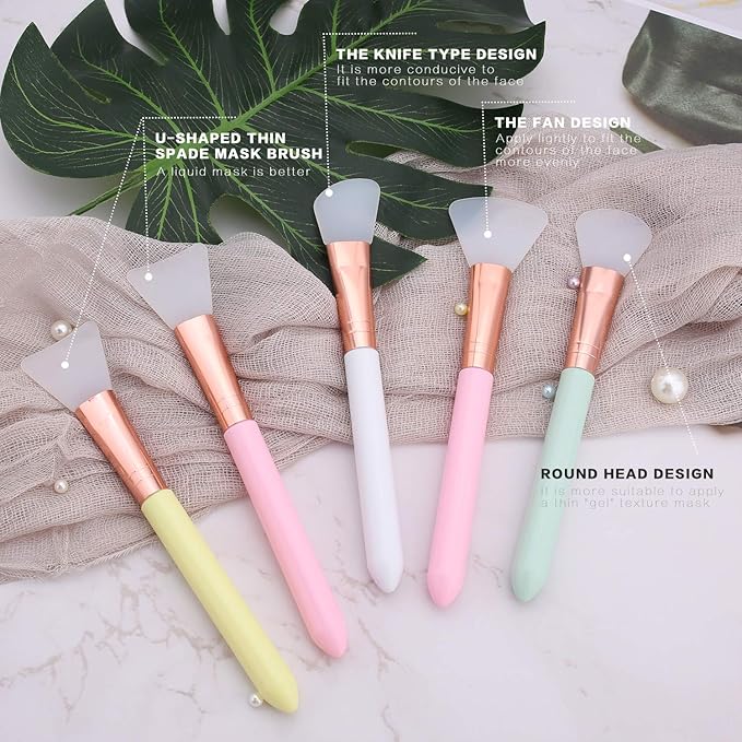 Elisel 5pcs Silicone Facial Mask Applicator Brushes, Flexible for Face, Sleeping, Clay, Body Lotion Masks