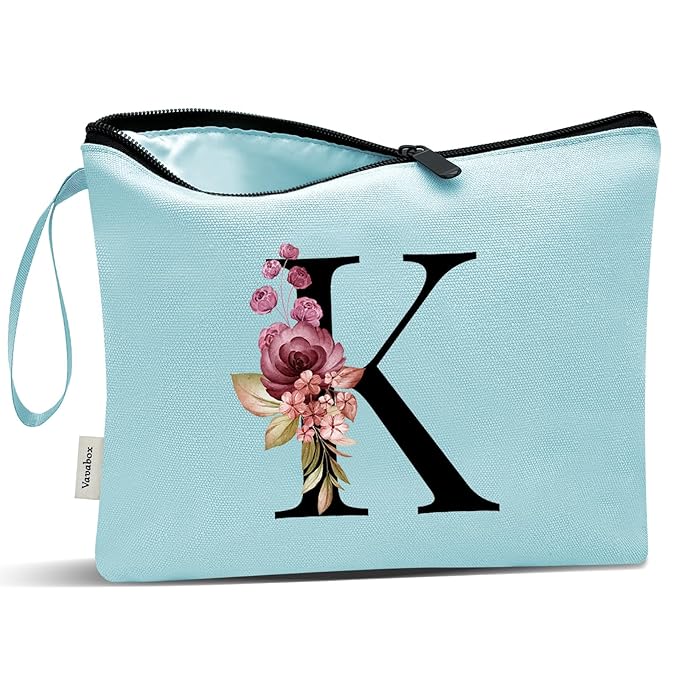 Vavabox A-Z Personalized Makeup Bag, Birthday Gifts for Women Mom, Gifts for Best Friend, Bride Bridesmaid Cosmetic bag (K, Green)