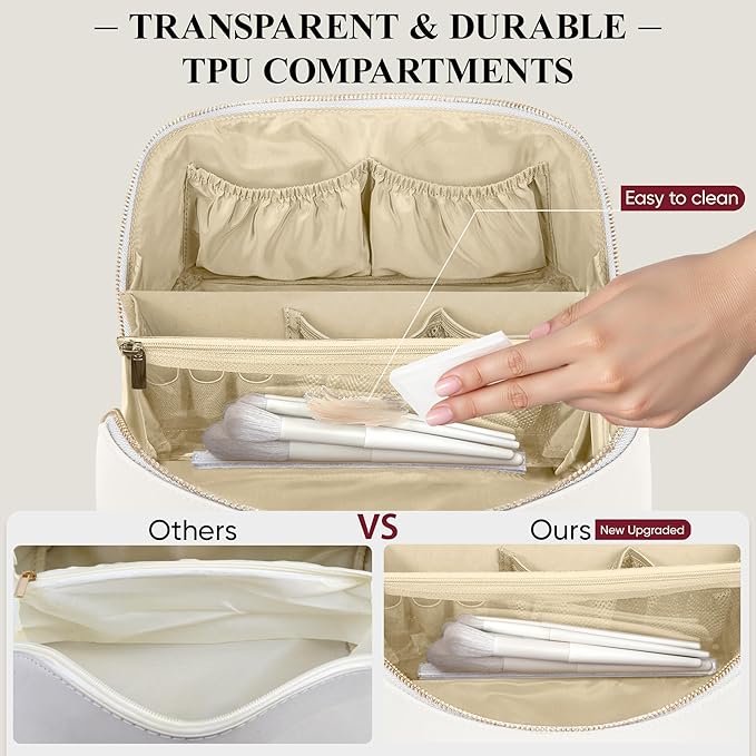Travel Makeup Bag, Large Capacity Cosmetic Bags for Women, Waterproof Portable Pouch Open Flat Make up Organizer Bag with Dividers and Handle, Toiletry Bag for Essentials