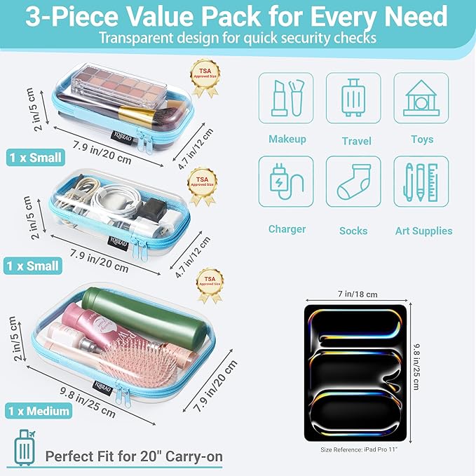 3 Pack Hard Sided Clear Zipper Case for Storage- Thickened-Grade Clear Hard Shell Zipper Case for Organizing Bead, Handicrafts, Sewing, Toiletries, Makeup (Blue)