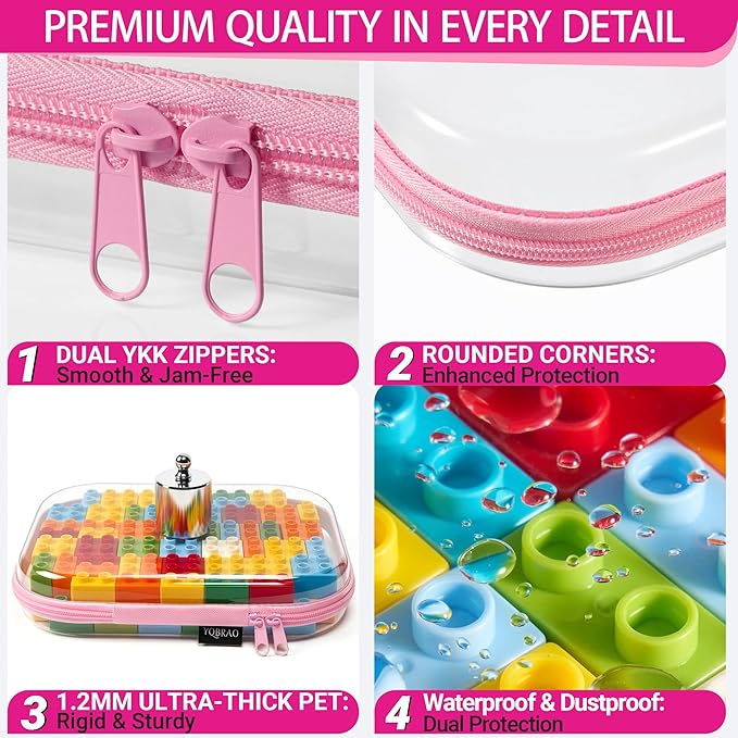 YQBRA 3 Pack Clear Hard Shell Zipper Case, See-Through Hard Plastic Organizer Pouches with Zipper for Travel, Toiletries, Makeup, Electronics & Pencils - Crush-Resistant Storage (L Pink)