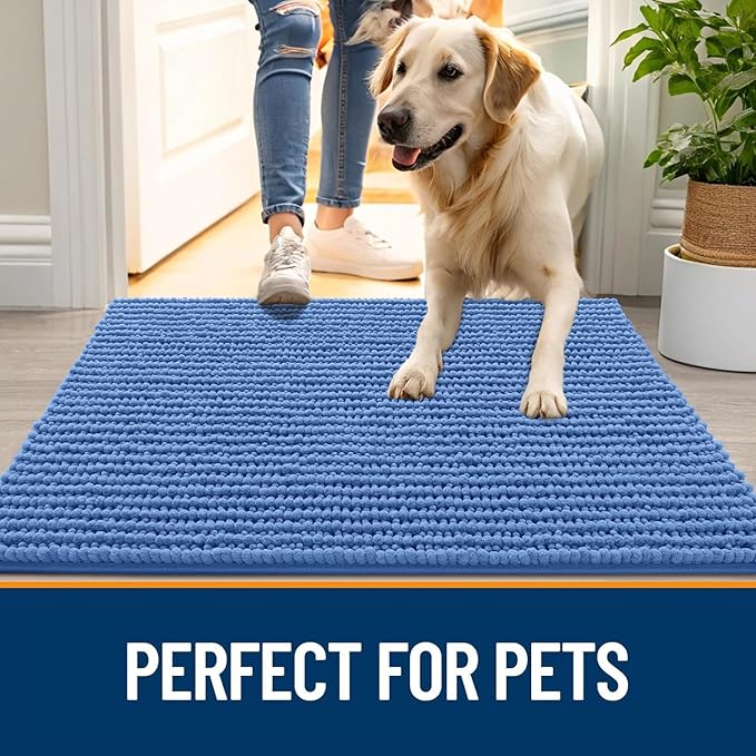 OLANLY Dog Door Mat for Muddy Paws 47x20, Ultra Absorbent Chenille Mud Doormat, Non-Slip Washable and Dirt Trapping Doormat for Indoor Entryway, Quick-Dry Indoor Pet Bed Mats for Dogs, Cornflower Blue