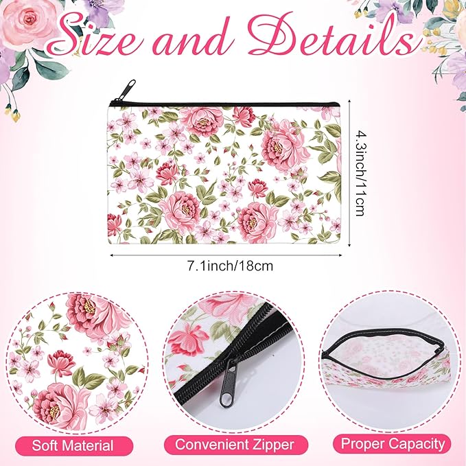 Reginary 20 Pieces Cosmetic Bag for Women, Roomy Makeup Bags with Zipper Toiletry Bag Pouch Travel Accessory Organizer Gifts, 7 x 4.3 Inches(Pink Flower)