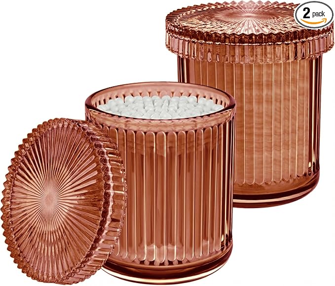2 Pack Qtip Holder - Apothecary Jars with Lids, Bathroom Organizers and Storage Canister for Cotton Balls,Swabs,Floss Picks,Hair Ties,Clear Glass Vintage Bathroom Decor Jar Set (Brown)