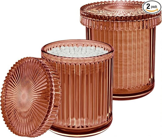 2 Pack Qtip Holder - Apothecary Jars with Lids, Bathroom Organizers and Storage Canister for Cotton Balls,Swabs,Floss Picks,Hair Ties,Clear Glass Vintage Bathroom Decor Jar Set (Brown)