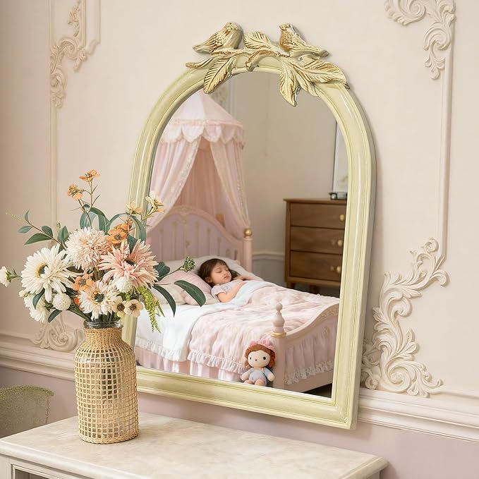 Cream Bird Bow Mirror - 13x10 Inch Perfect Elegant Decorative Accent, Wall-Mounted Tabletop Makeup Mirror for Nursery Baby Room Bedroom Decor