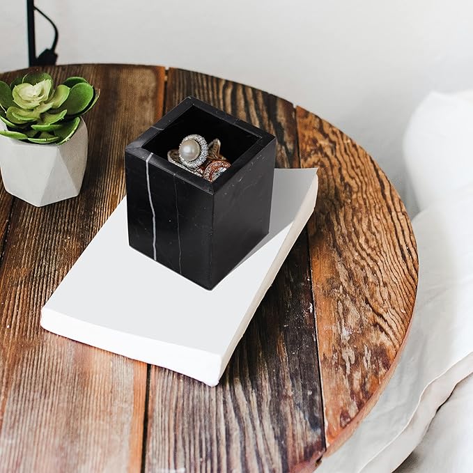 WORHE Marble Canister Natural Stone Qtip Holder with Lid Square Bathroom Vanity Organizer for Makeup Sponge Coffee Bean Dispenser Storage Jar Case for Home Decor Black (DLB202)