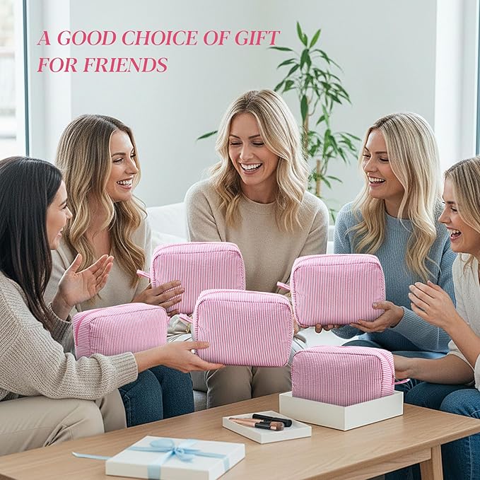 Sanwuta 9 Pcs Seersucker Cosmetic Bag Bulk Pinstripe Makeup Bag for Women Aesthetic Cute Travel Toiletry Organizer Preppy Storage Pouch for Wedding Bridesmaid Christmas Gift (Large, Pink)