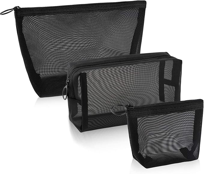 Boao 3 Piece Mesh Cosmetic Bag Mesh Makeup Bag with Zipper Pouch Travel Toiletry for Makeup Organizer Home Office Travel Accessories(Black)