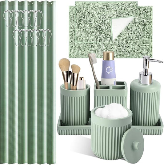 XLHOMO 8-Piece Light Green Bathroom Set - Resin Bathroom Accessories Sets Complete with Shower Curtain and Rugs, Soap Dispenser, Toothbrush Holder, Tumbler & Vanity Organizer