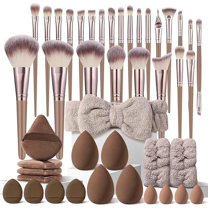 HGHDBT 44Pcs Brown Makeup Brushes Set Professional Makeup Kit Multi-functional Makeup Tool Set with Facial Makeup Accessories, Foundation Makeup Brush Kit Eye and Face Make up Brushes & Tools
