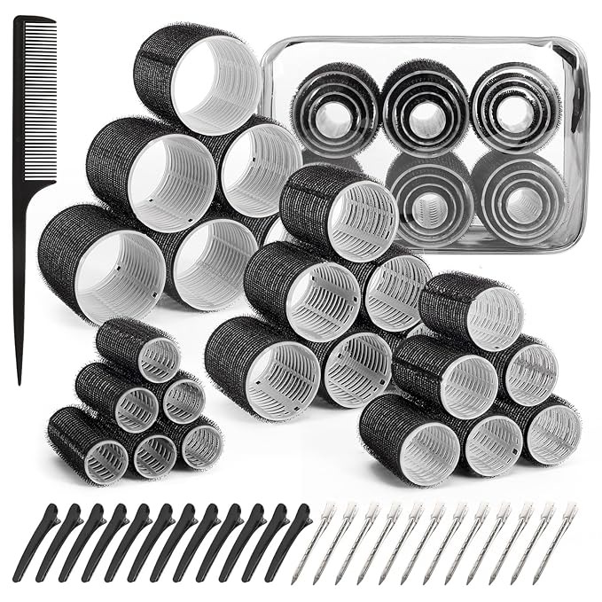 4 Sizes Hair Rollers Set with Clips - 50 Pcs Hair Curlers Rollers for Women, Self Grip Holding Hair Roller for Hair Long Medium Short Bangs Thick Fine Volume Thin, Black