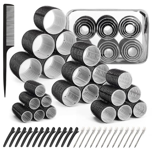 4 Sizes Hair Rollers Set with Clips - 50 Pcs Hair Curlers Rollers for Women, Self Grip Holding Hair Roller for Hair Long Medium Short Bangs Thick Fine Volume Thin, Black