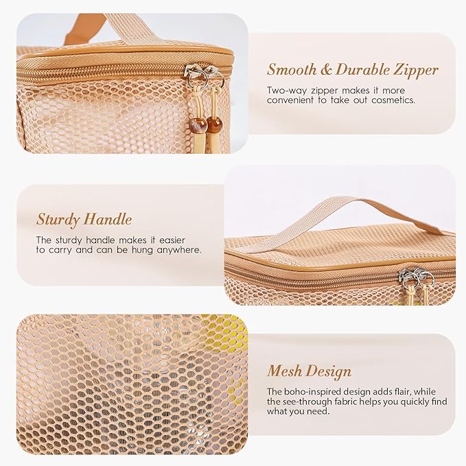 Boho Mesh Makeup Bag, Breathable Cosmetic Bags with Zipper, Travel Lightweight Make Up Organizer Mesh, Toiletry Bag with Handle for Women Girls Gift