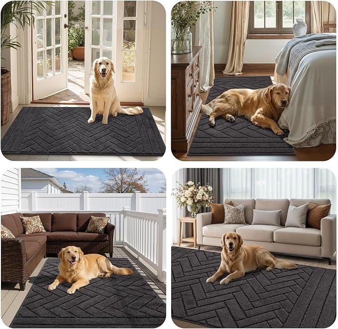Tindbea Large Dog Mat for Muddy Paws,Absorbs Moisture Dirt Non-Slip Washable Long Mud Mat for Dogs,Soft Rubber Backing Front Inside Pet Rug for Entryway, Mud Dog Paws, Patio(35"x59",Charcoal)