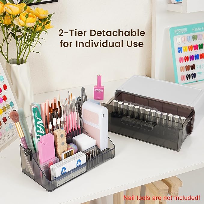 Nail Drill Polish Holder Stand- 2 Layers Nail Polish Storage Drawer- Professional 13 Holes Nail Drill Bits Holder & 40 Holes Nail Brush Pens Organizer Case Storage Box for Manicure Tools
