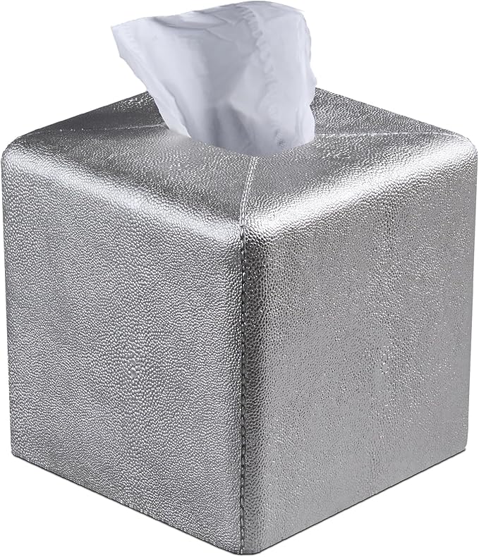 Silver Square Tissue Box Cover,Resin Heavy Sturdy Tissue Box Holder, Facial Paper Holder for Bathroom Vanity Countertop,Bedroom Night Stand,Office and End Table