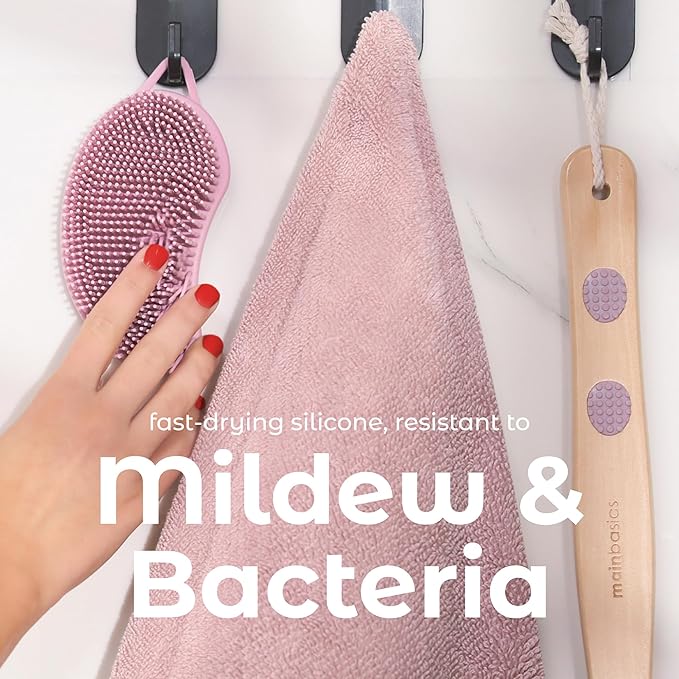 MainBasics Silicone Body Scrubber Dual-Sided Shower Loofah and Exfoliator (Pink, Exfoliate)