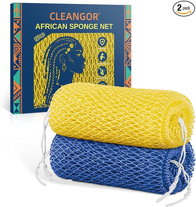 Cleangor 2Pcs African Net Sponge Authentic with Knots - Exfoliating Body Scrubber for All Skin Types, African Bath Sponge, Wash Cloth, Gentle Exfoliation Shower Rag for Women Daily Use