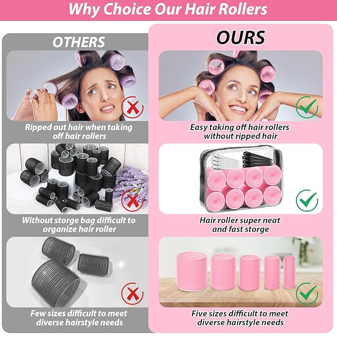 65 PCS Hair Curler Rollers with 5 Sizes Self Grip Hair Rollers for Long Medium Short Thick Fine Thin Bangs Volume Hair, Jumbo Curlers Rollers with Storage Bag Teasing Brush