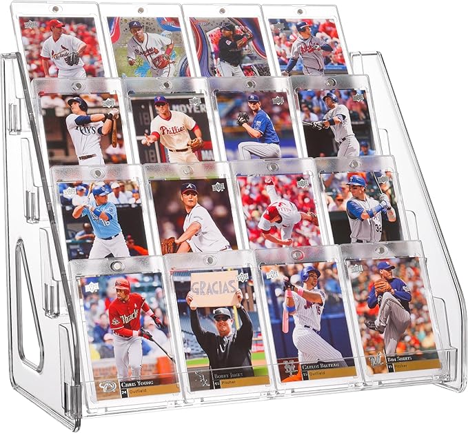 CELSOL 2 Pack Elevated 4 Tier Clear Acrylic Card Display Stand for Trading Cards, Sports Cards, Greeting Cards, Stickers – Slanted Holder for PSA Slabs, Vendors, Collectors & Retail (4 Tier 2 Pack)