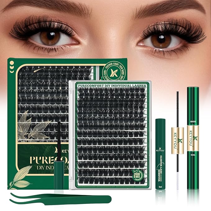 KEYYOU Lash Clusters Kit 182pcs Thick Volume Lash clusters 200D D Curl Wispy Easy to Apply with Lash Bond and Seal Lash Applicator Lash Remover Lash Extension Kit at Home(RMkit-200D-D-10-18mix)