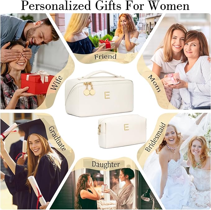 Birthday Gifts for Women Teen Girl, Personalized Initial Makeup Organizer Bag Set, Open Flat Travel Cosmetic Bag With Clear Divider and Handle(Beige,E)