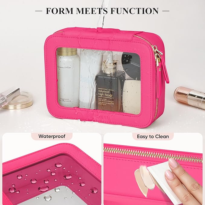 Clear Makeup Bag, Travel Toiletry Bag Cosmetic Case for Women, Waterproof Portable Make Up Skincare Pouch with Zipper, Compact Car Organizer Bag for Essentials, Mini & Medium, Hot Pink