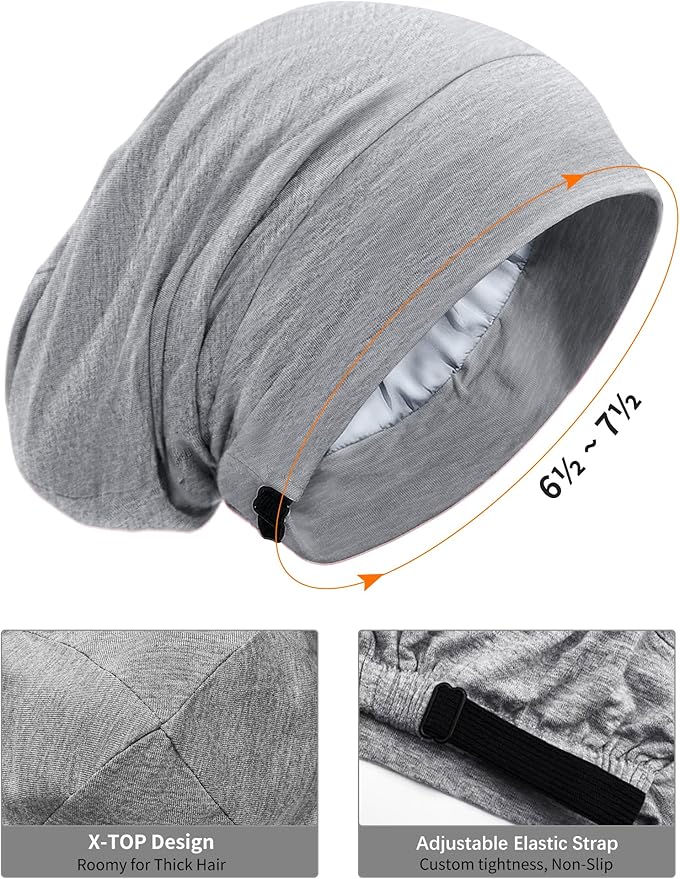 Satin Lined Bonnet for Sleeping Women Men - Adjustable Sleep Cap, Slouchy Beanie Hair Wrap for Curly Braid Locs