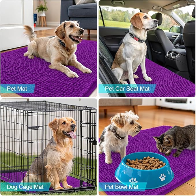 OLANLY Dog Door Mat for Muddy Paws 59x35, Absorbs Moisture and Dirt, Absorbent Non-Slip Washable Doormat, Quick Dry Chenille Mud Mat for Dogs, Entry Indoor Entryway Carpet for Inside Floor, Purple