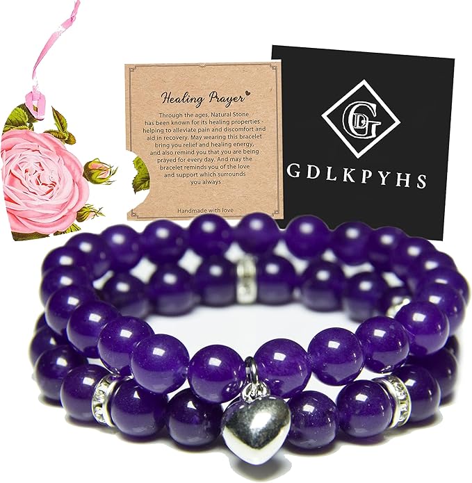 2Pcs Healing Crystal Bracelets for Women Handmade Beaded Bracelet Healing Prayers Crystal 8mm Natural Stone Beads Bracelet Stress Relief Get Well Soon Gifts