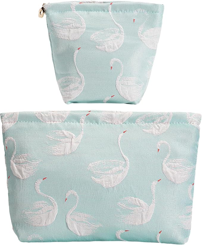 2-Pack Swan Print Makeup Bag Set - Large Capacity Light Blue Cosmetic Organizer | Travel Toiletry Pouch for Women Girls (Cute Animal Print, Zipper Closure)