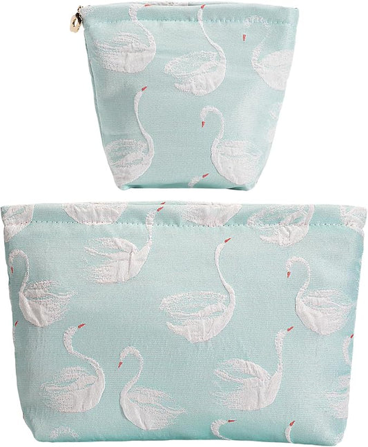 2-Pack Swan Print Makeup Bag Set - Large Capacity Light Blue Cosmetic Organizer | Travel Toiletry Pouch for Women Girls (Cute Animal Print, Zipper Closure)