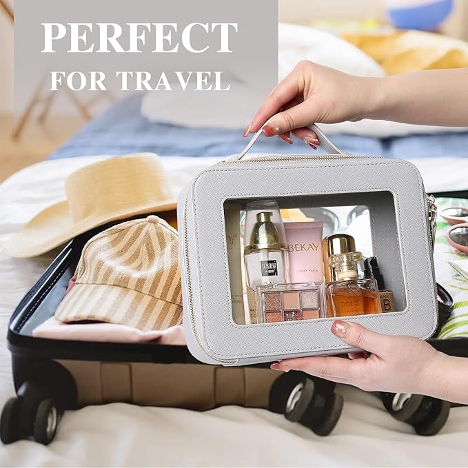 Clear Travel Makeup Bag with Brush Bag Portable Transparent Cosmetic Bag and Toiletry Bag Waterproof Clear Makeup Bag with Zipper Car Bag for Women (Gray, L+Slim)