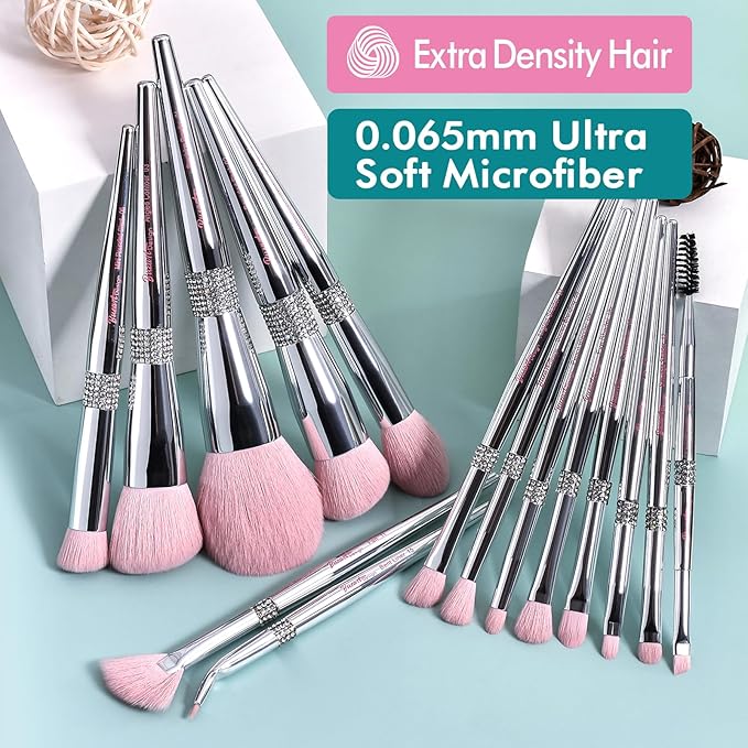 Bueart Design Elegant pink Ultra soft labeled Makeup Brushes Sets with Brush Holder makeup brush set with Foundation Powder blush blending contour Brush (15Pcs Silver Pink+Holder)