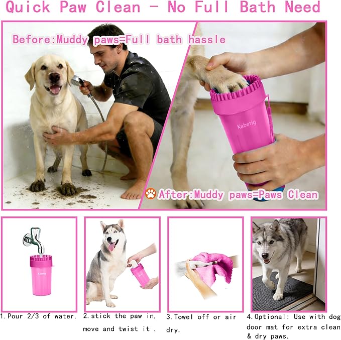 Dog Paw Cleaner Kit for Medium & Small Dogs - Quick Clean No Full Bath, 2-in-1 Paw Wash Cup with Detachable Silicone Brush Head, Includes Bath Brush & 3 Absorbent Towels, Pink