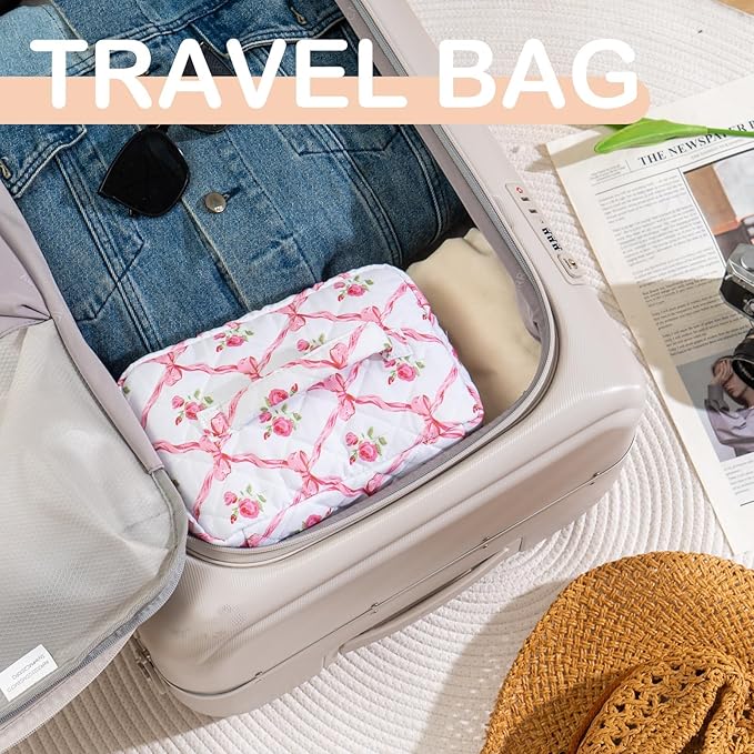 Makeup Bag for Women Quilted Cotton Make Up Bag Travel Cosmetic Bag Large Makeup Bag Cute Bow Makeups Organizer Floral Toiletry Pouch for Purse