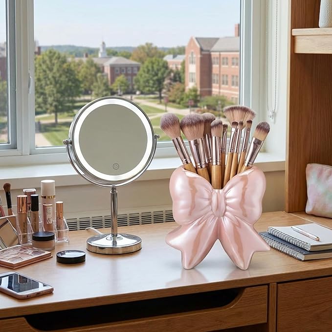 Bow Vase Coquette Ceramic Vase Pen Holder Makeup Brush Holder Contemporary Design Decorative Women Gift for Christmas Home Office Shelf Table Room(Iridescent Pink,Small,Classic)