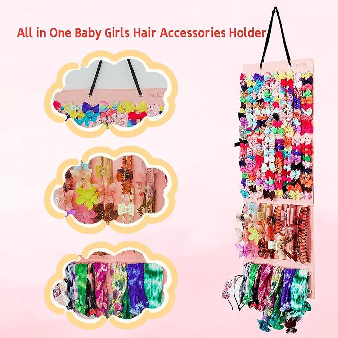 MJLDPOY Hair Bow Organizer for Girls, Baby Hair Clips Holder Wall Hanging, Large Felt Bow Storage Display for Girls Hair Bows & Claw Clips, Ribbons, Headbands – Nursery Room Decor (Pink)