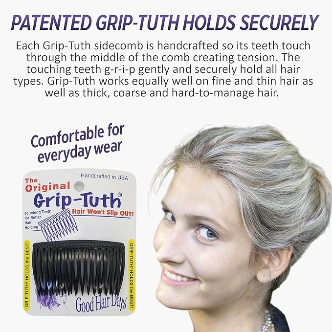 Good Hair Days Grip-Tuth Combs - 2 3/4" Side Combs, For All Types Of Hair, Decorative & Styling Women Accessories - Crystal, Set Of 2